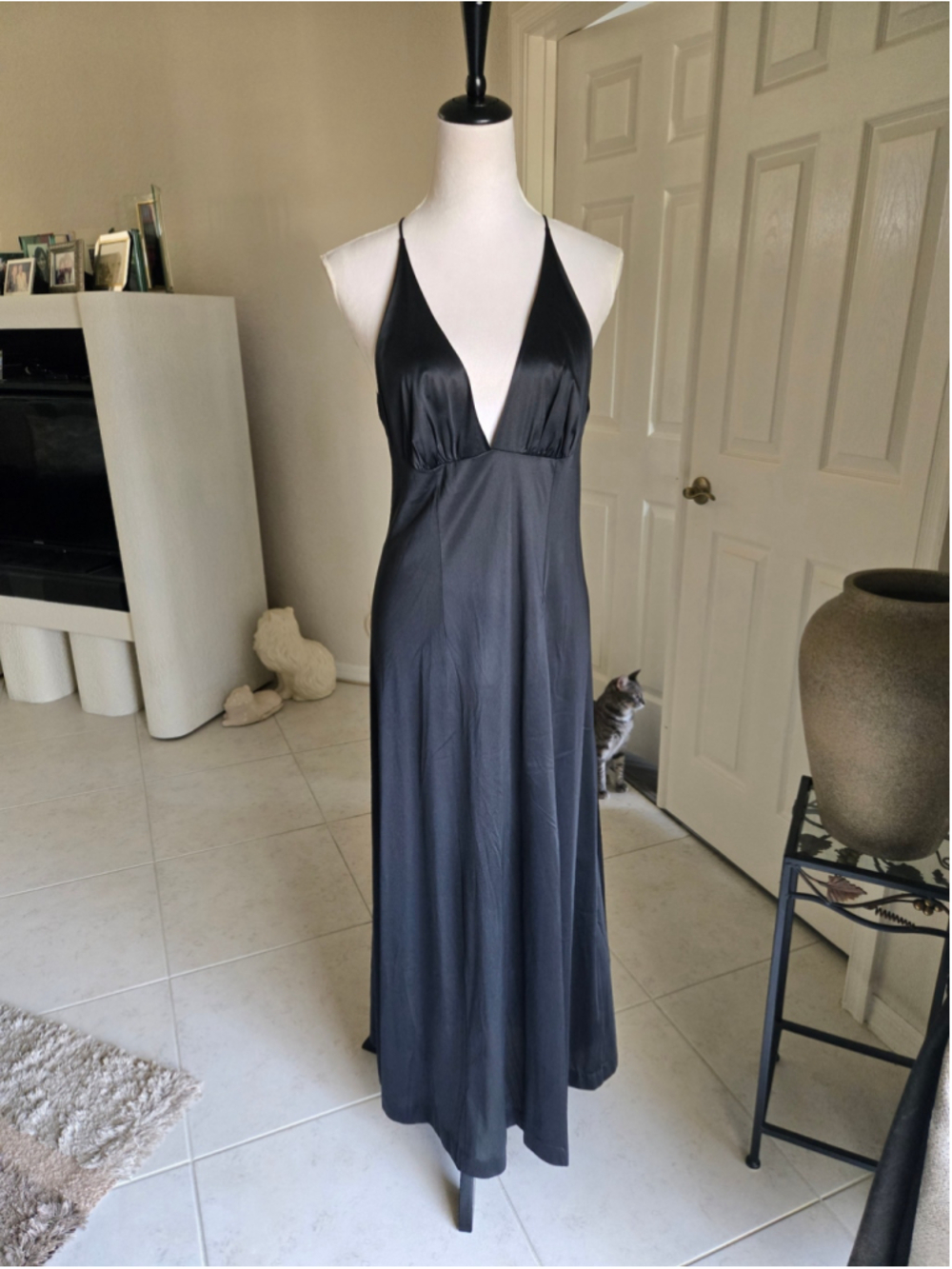 Vintage Unbranded Black Satin Halter Plunging Maxi Slip Dress / Nightgown